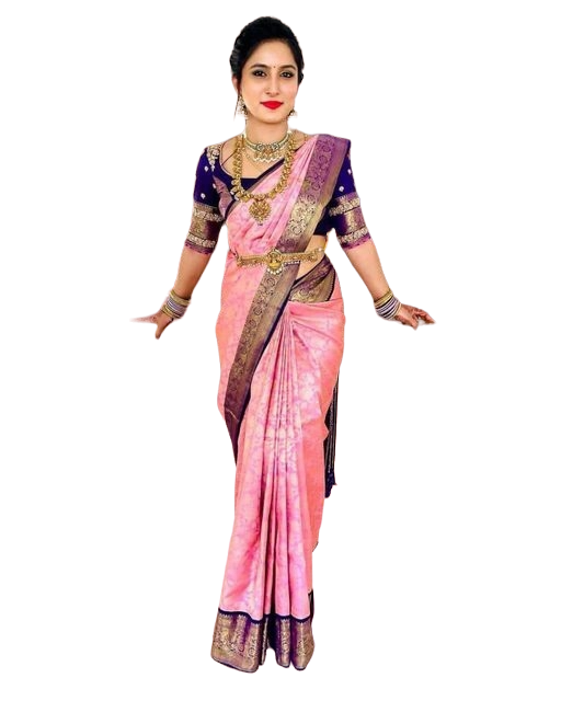 Vamika Weaving Banarasi Jacquard Pink Kanjivaram Saree | Swadesiicart
