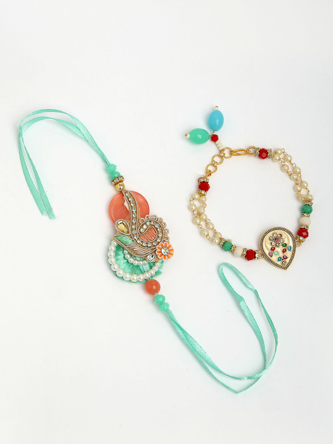 NVR Women & Men Set of 2 Multicolor Stone-Studded & Beaded Bhaiya Bhabhi Rakhi With Roli Chawal & Chocolate | Swadesiicart