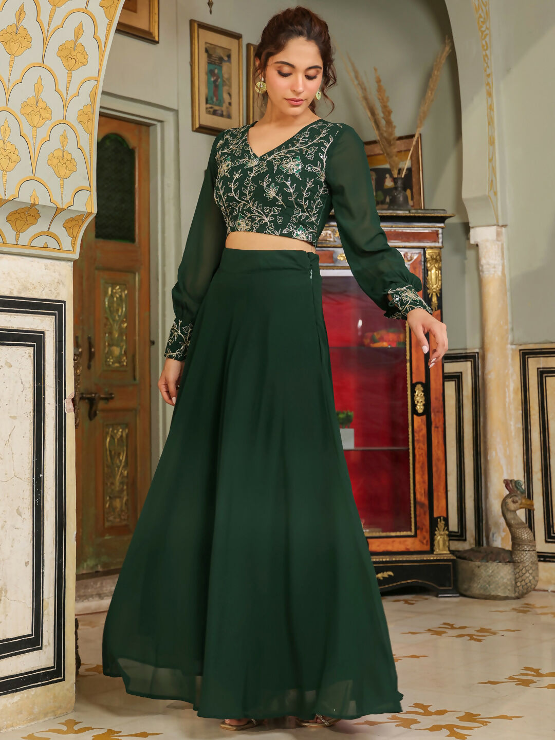 Janasya Dark Green Georgette Embroidered Top & Skirt | Swadesiicart