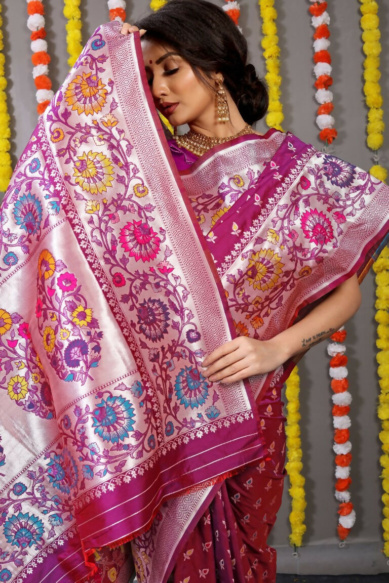 Jyoti Fashion Women's Magenta Banarasi Silk Zari Woven Saree with Blouse | Swadesiicart