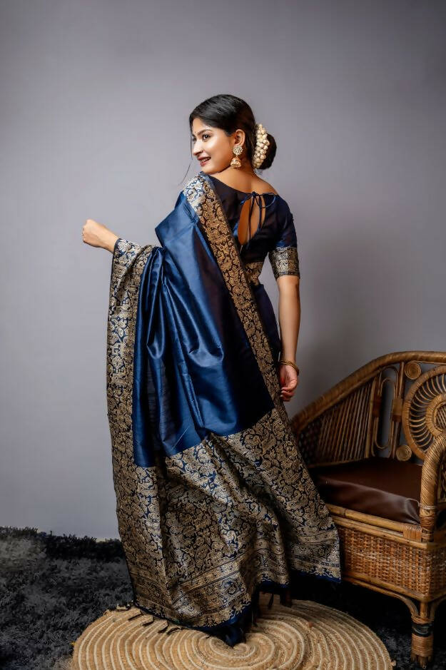 Vishnu Weaves Women's Blue Handloom Raw Silk Woven Border Saree with Unstitched Blouse - Swadesiicart