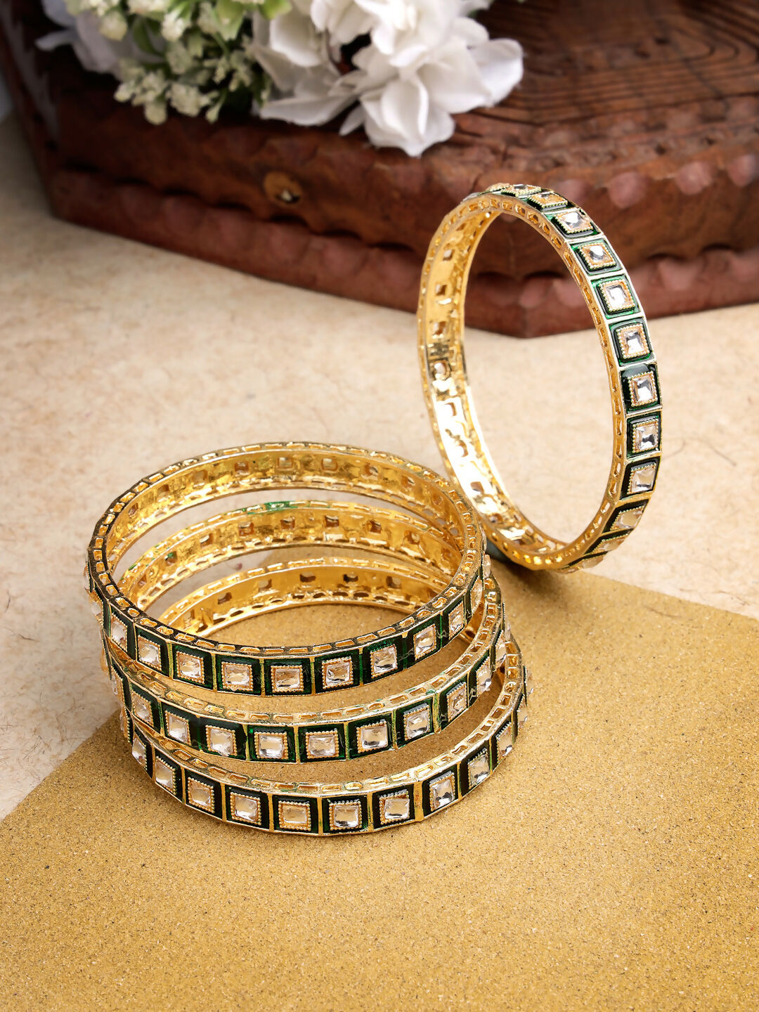 NVR Women's Set Of 4 Gold-Polished Green Kundan-Studded Traditional Bangles - Swadesiicart