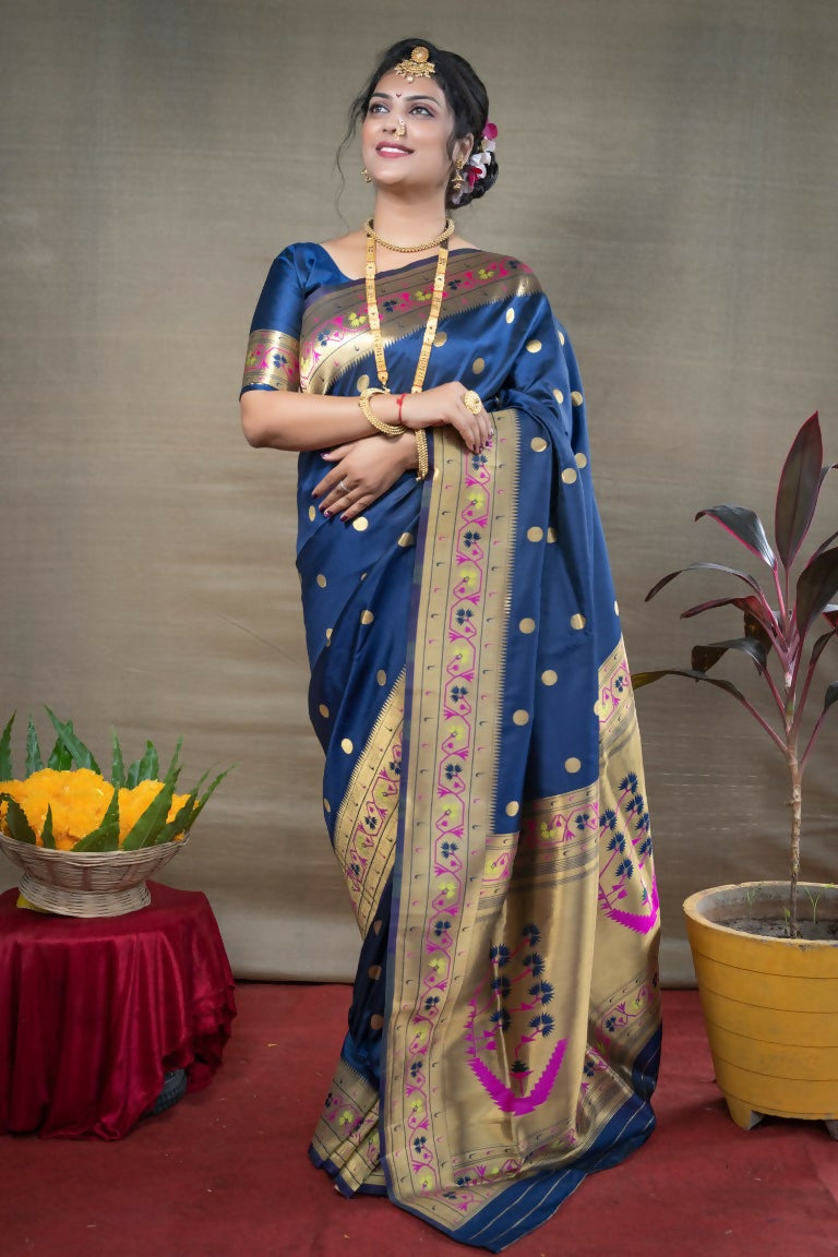 Jyoti Fashion Women's Blue Paithani Silk Zari Woven Saree with Blouse | Swadesiicart