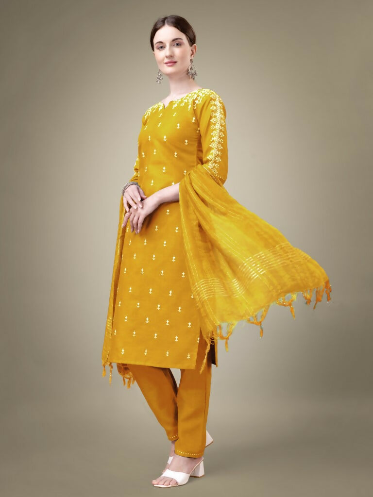 Jyoti Fashion Women's Yellow Cotton Blend Embroidery & Sequence work Kurta with Trouser & Dupatta | Swadesiicart