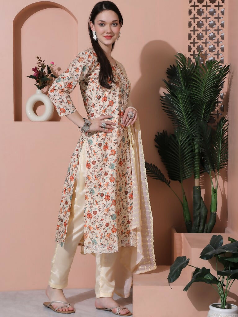 Jyoti Fashion Women's Beige Cotton Floral Digital Printed Kurta with Trouser & Dupatta | Swadesiicart
