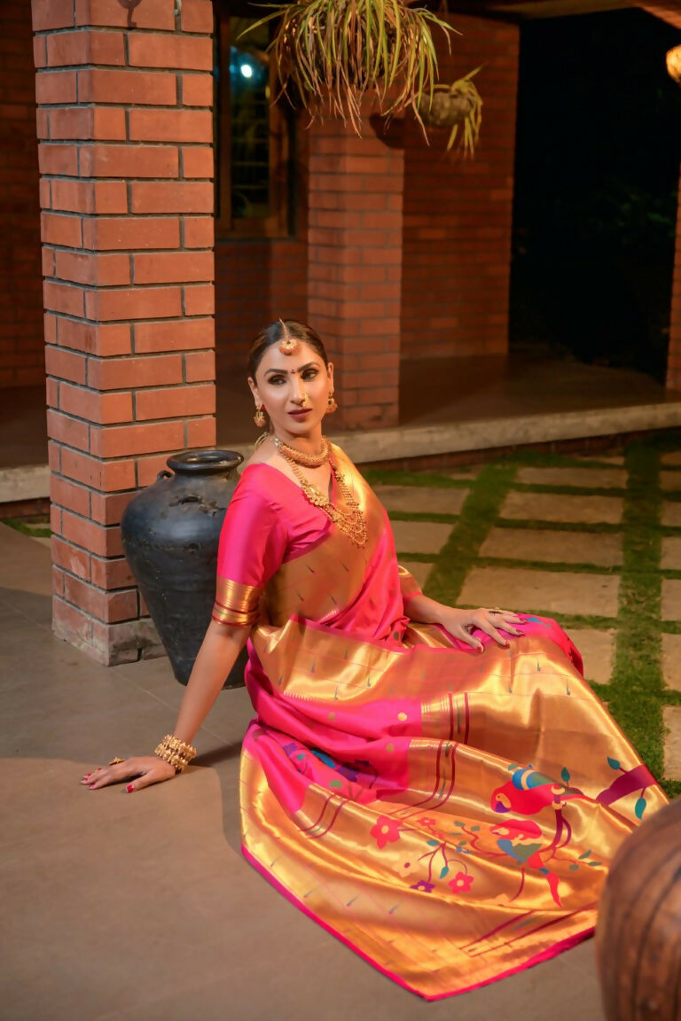 Jyoti Fashion Women's Baby Pink Paithani Silk Zari Woven Saree with Blouse | Swadesiicart