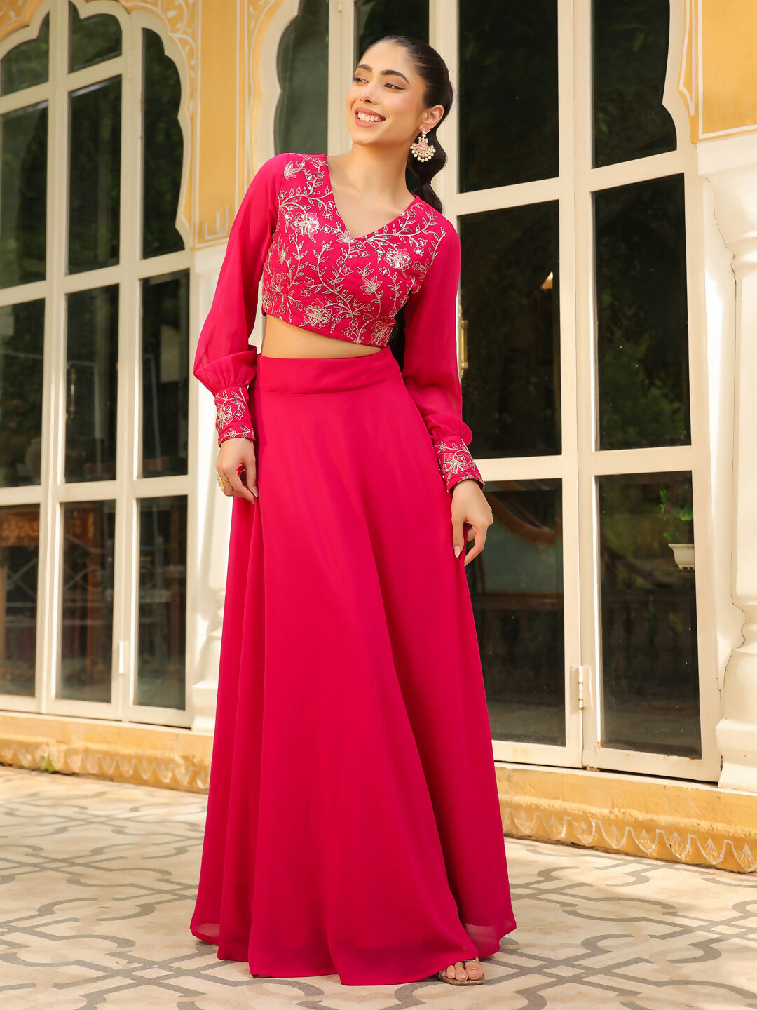 Janasya Pink Georgette Embroidered Top & Skirt | Swadesiicart