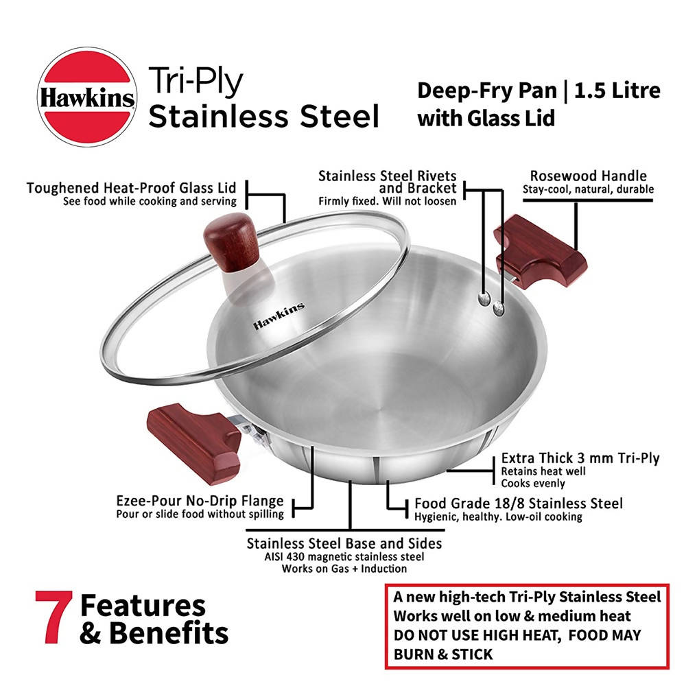 Hawkins Tri-Ply Stainless Steel Deep-Fry Pan with Glass Lid Silver (SSD15G) - Swadesiicart