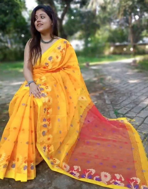 Exclusive Collection Yellow Beautiful Handloom Silk Cotton Saree - Swadesiicart