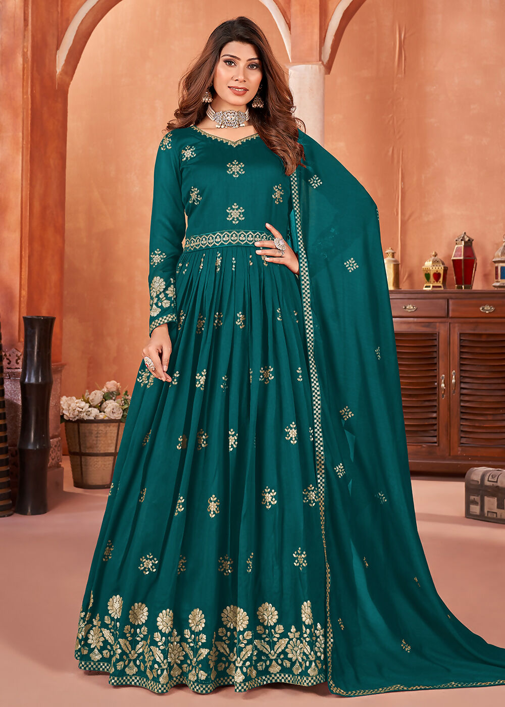 Rama Green Festive Embroidered Art Silk Anarkali Suit - Emponline | Swadesiicart