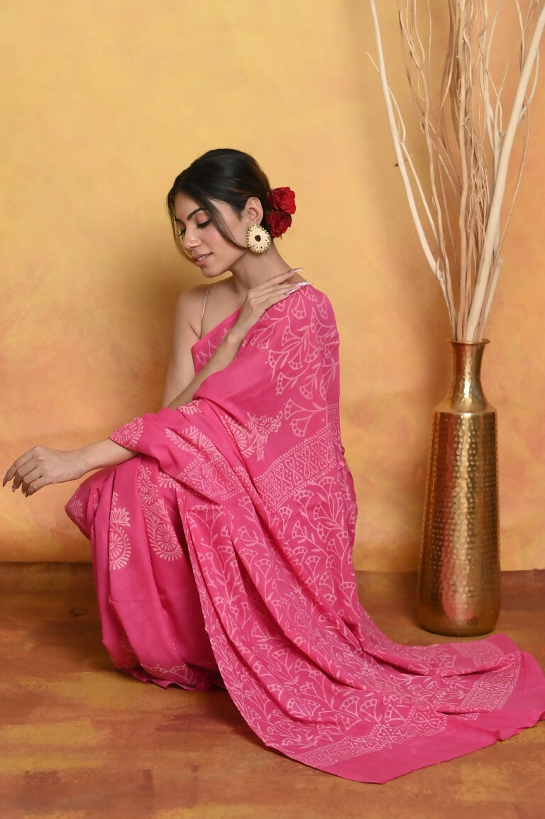 Very Much Indian Handblock Printed Cotton Saree With Natural Dyes - Pink | Swadesiicart