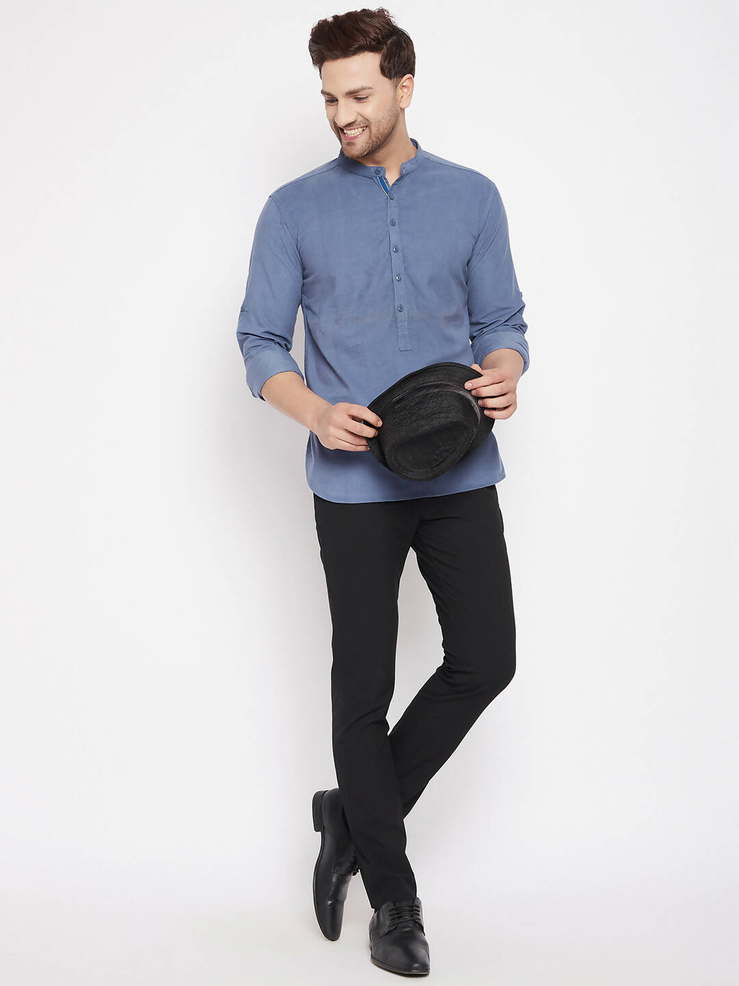 Even Apparels Blue Color Pure Cotton Short Men's Kurta With Band Collar | Swadesiicart