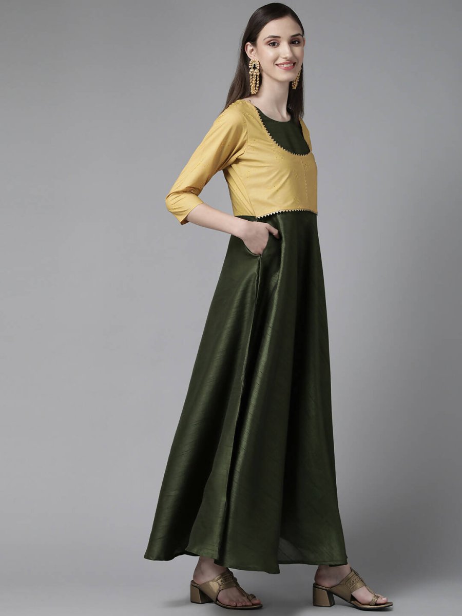 Ahalyaa Womens Olive Art Silk Solid Dress with Jacket | Swadesiicart