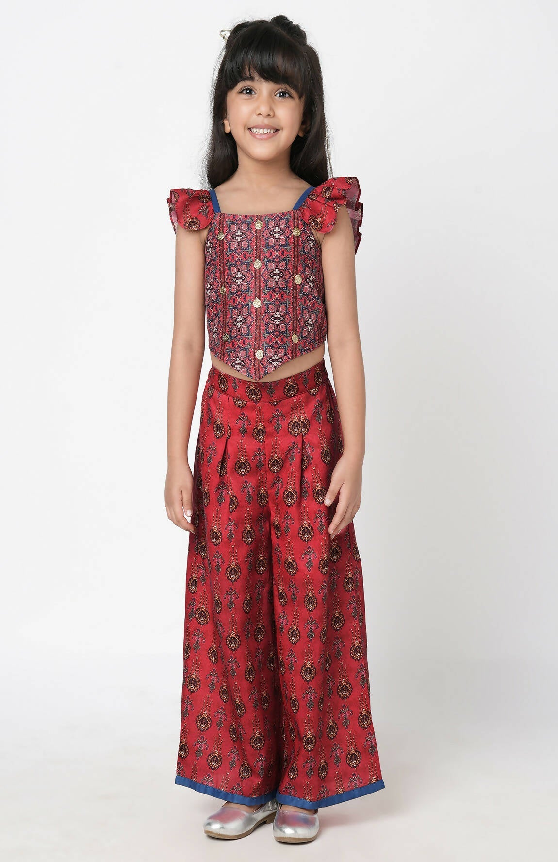 Lil Drama Ethnic Twist Girls Red Print Box Pleat Pant With Top Co-Ordinate Set - Swadesiicart