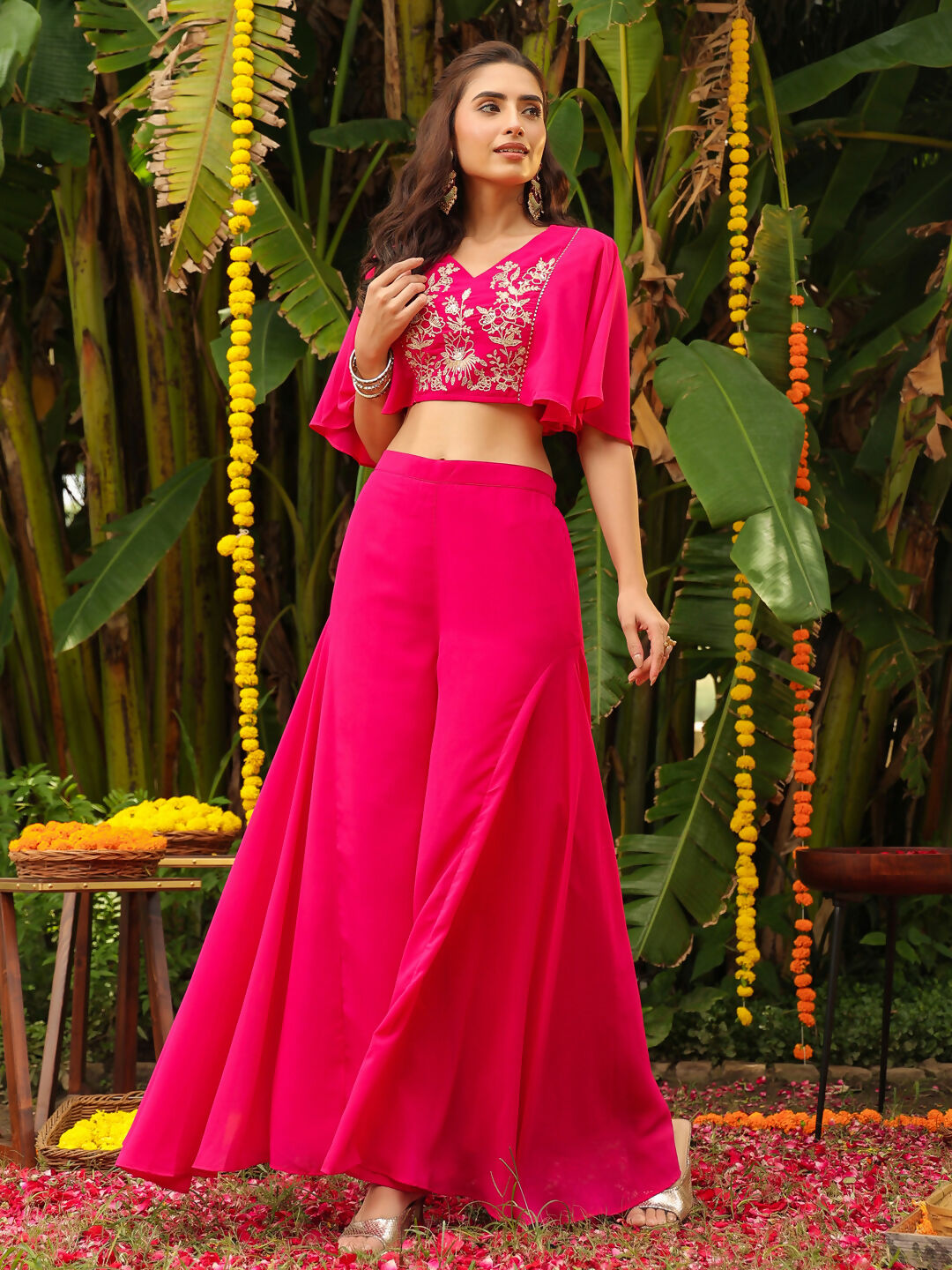 Janasya Pink Georgette Yoke Embroidery Co-Ords - Swadesiicart