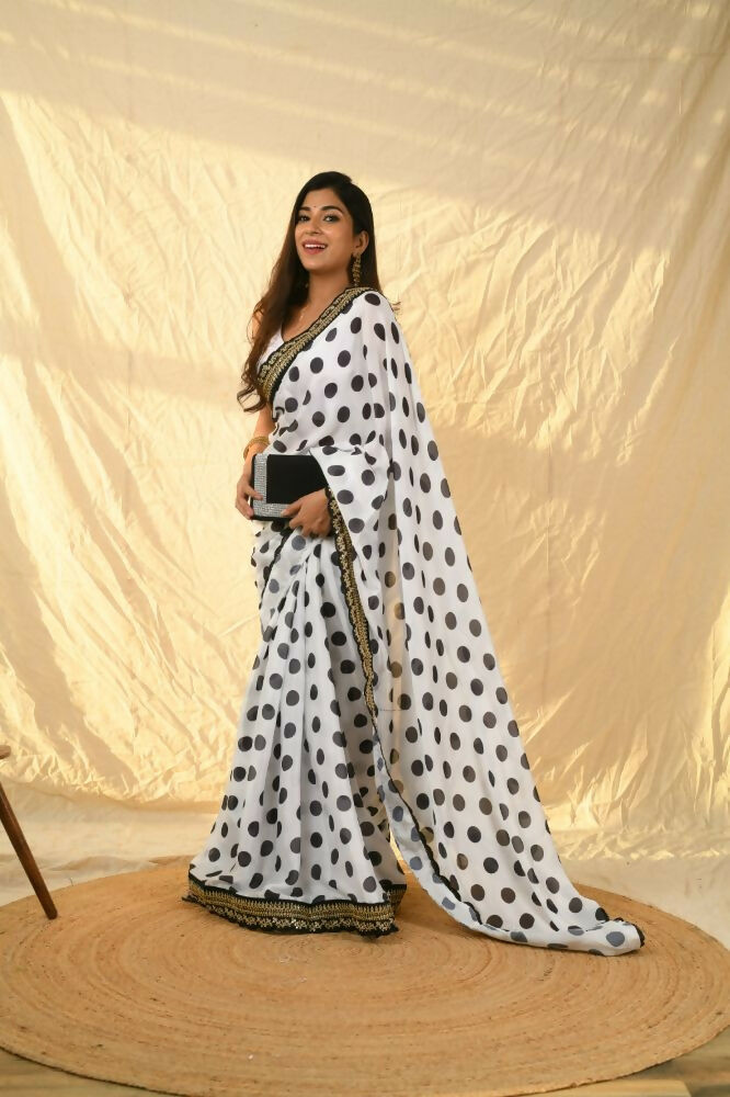 Vamsee Polka Dot Black & White Nylon Saree - Swadesiicart