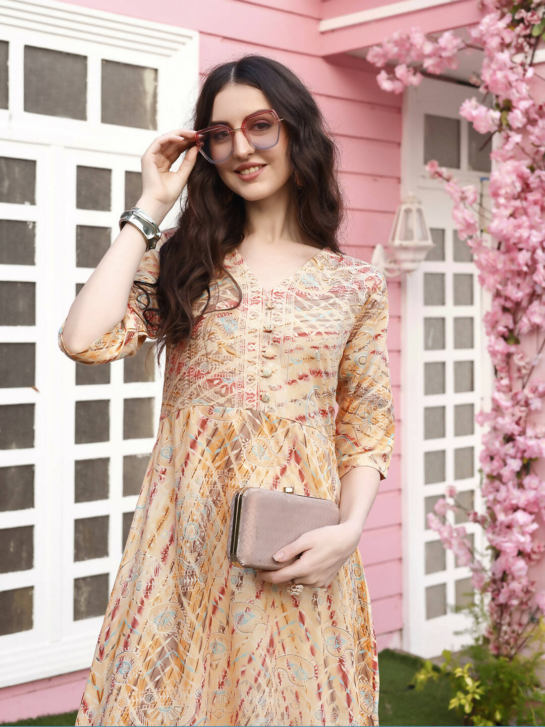 Peach Rayon Foil Printed Long Dress - Michan | Swadesiicart