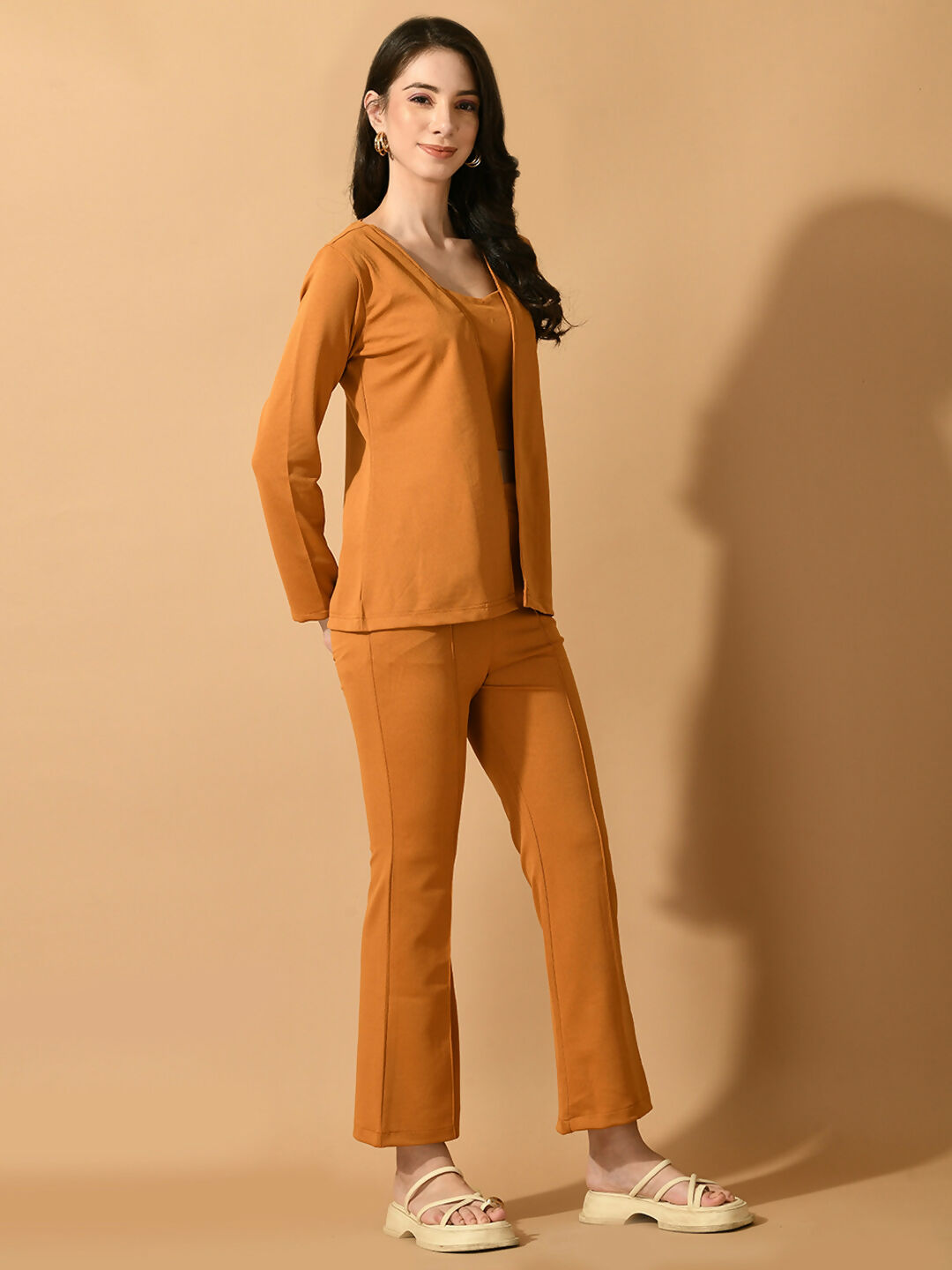 Myshka Women's Mustard Solid Coat With Trousers - Swadesiicart