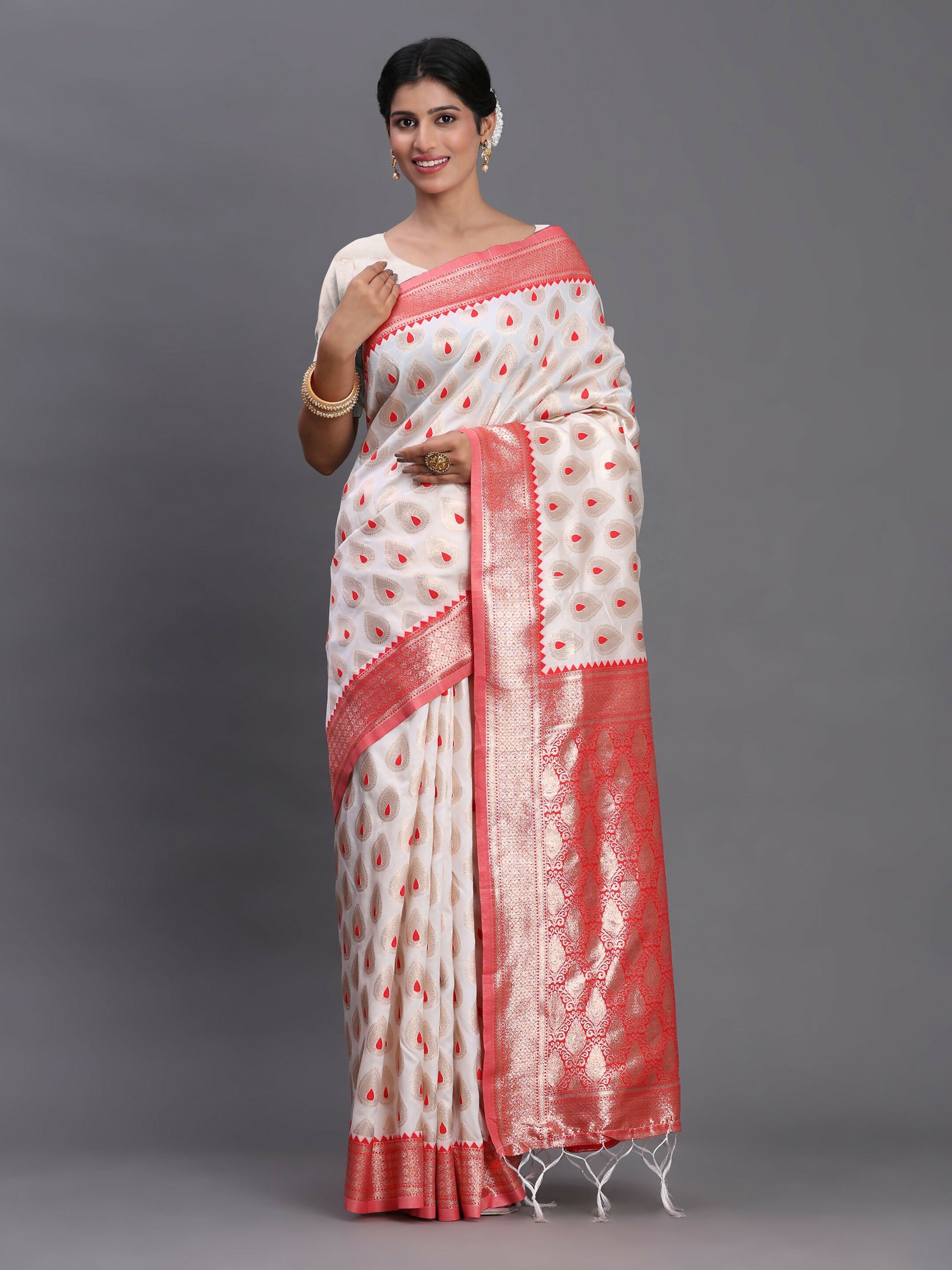 Astita Banarasi Silk Red & White Saree | Swadesiicart