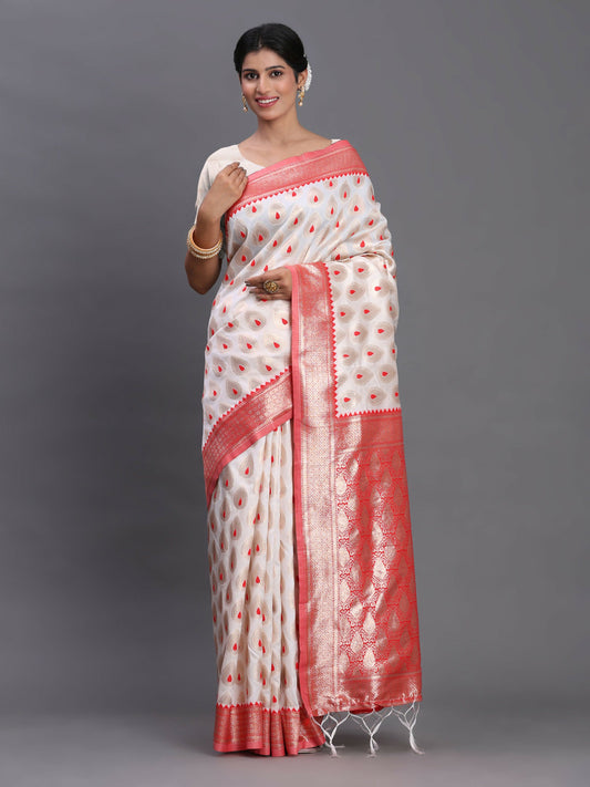 Astita Banarasi Silk Red & White Saree | Swadesiicart