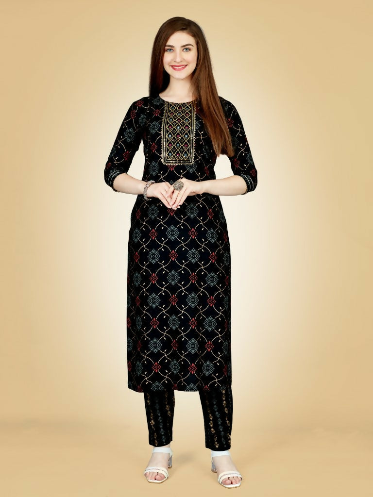 Jyoti Fashion Women's Black Viscose Rayon Embroidered Kurta Pant Set | Swadesiicart