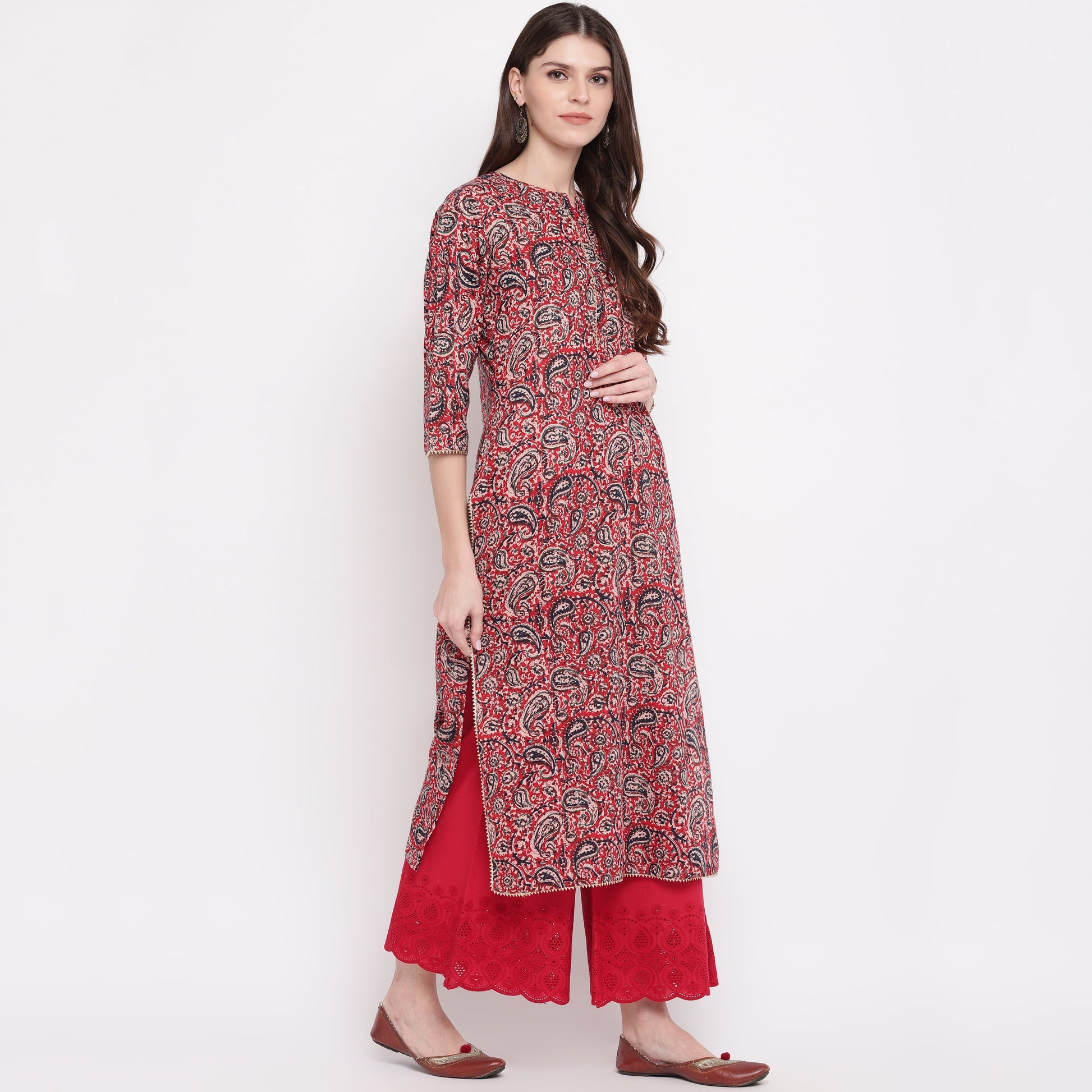NOZ2TOZ Women's Red Kalamkari Print Cotton Kurta- (1pc set) - Swadesiicart