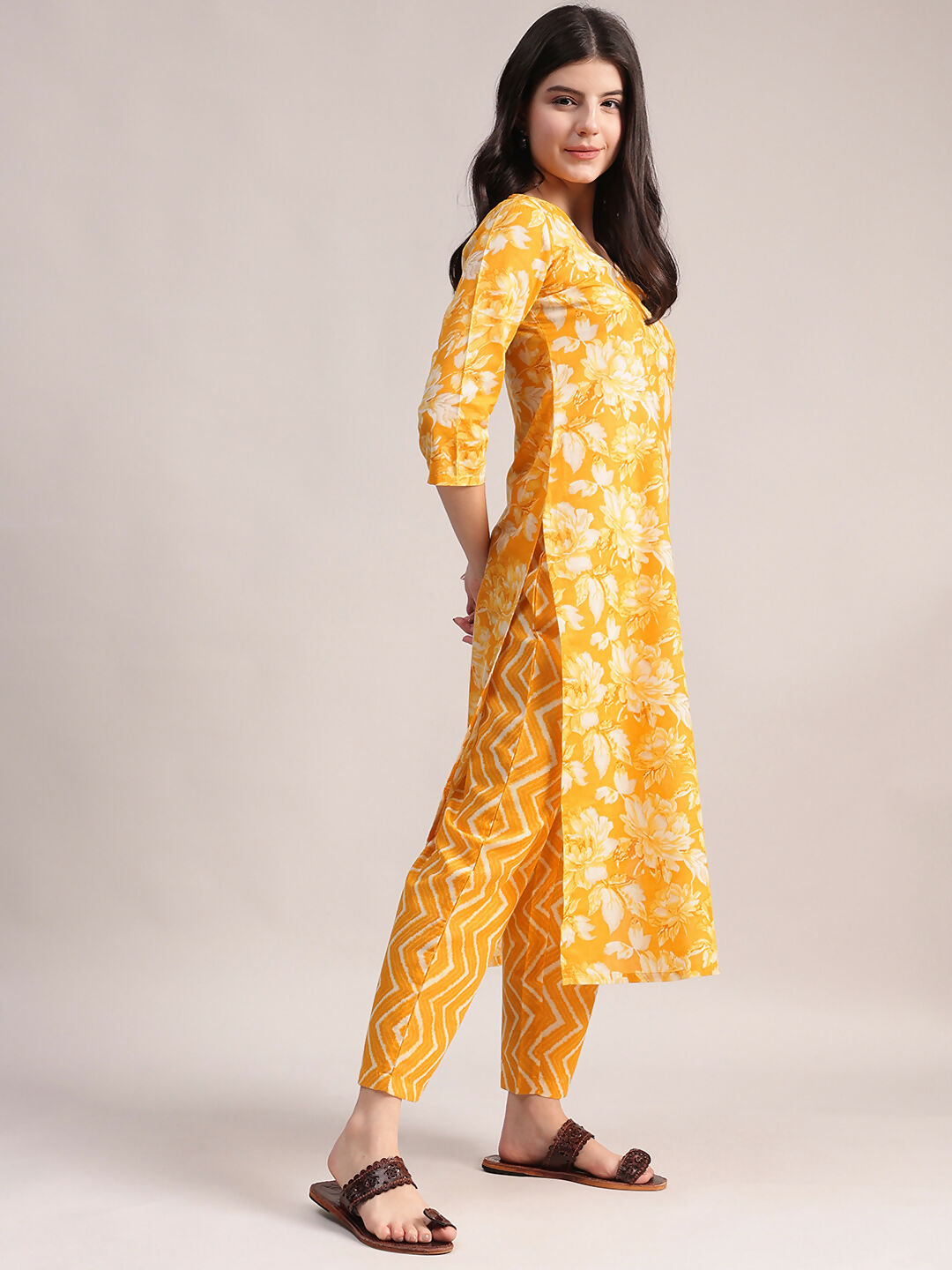 Aavyora Women Mustard Yellow Floral Printed Kurta with Chevron Printed Pants & Dupatta Set - Swadesiicart