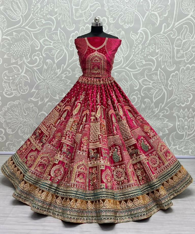 Jyoti Fashion Women's Rani Pink Velvet Fancy Dori & Sequins with Multi Thread Embroidered with Diamond Work Wedding Lehenga Choli | Swadesiicart