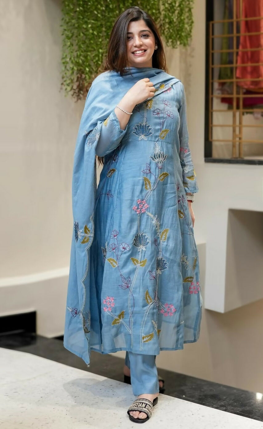 The52 Blue Women's Beautiful Cotton Fabric Thread Work Straight Kurta, Pant and Dupatta Set - Swadesiicart