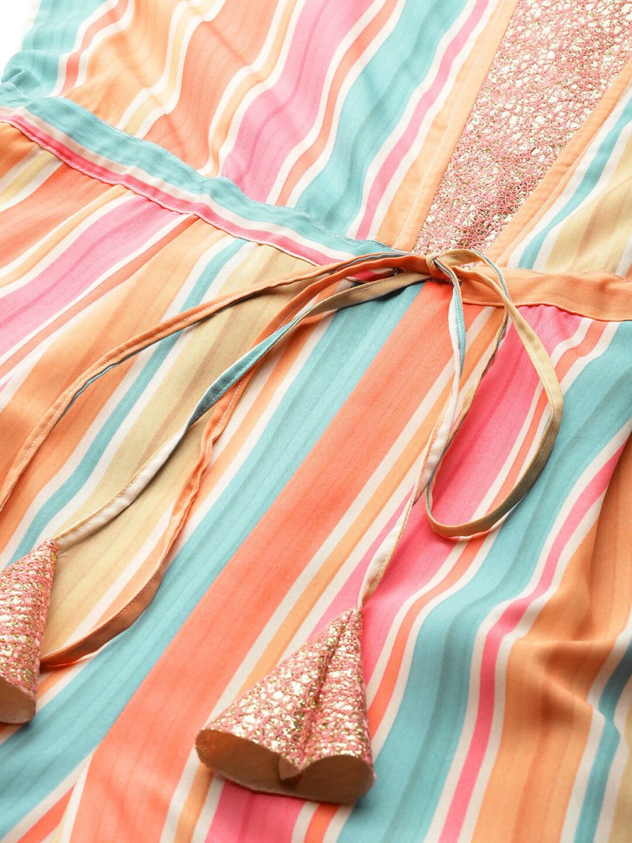 Ahalyaa Coral Orange & Blue Candy Striped Basic Jumpsuit - Swadesiicart