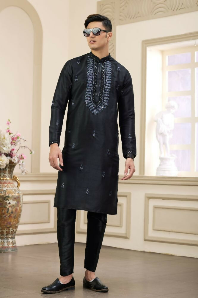 Raivat Ethnic Banarasi Art Silk Thread and Mirror Work Kurta Pajama In Black Colour | Swadesiicart