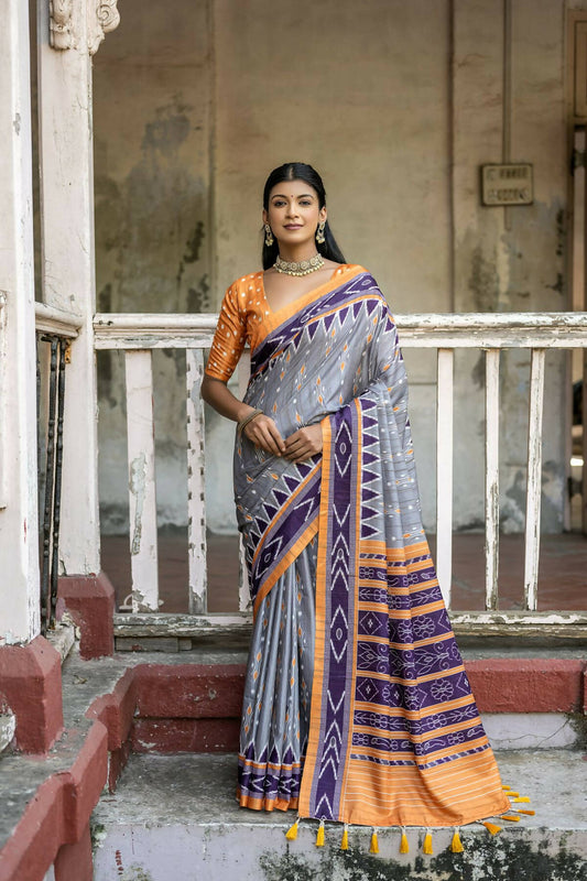 Vishnu Weaves Women's Grey Cotton Silk Printed Saree with Blouse - Swadesiicart