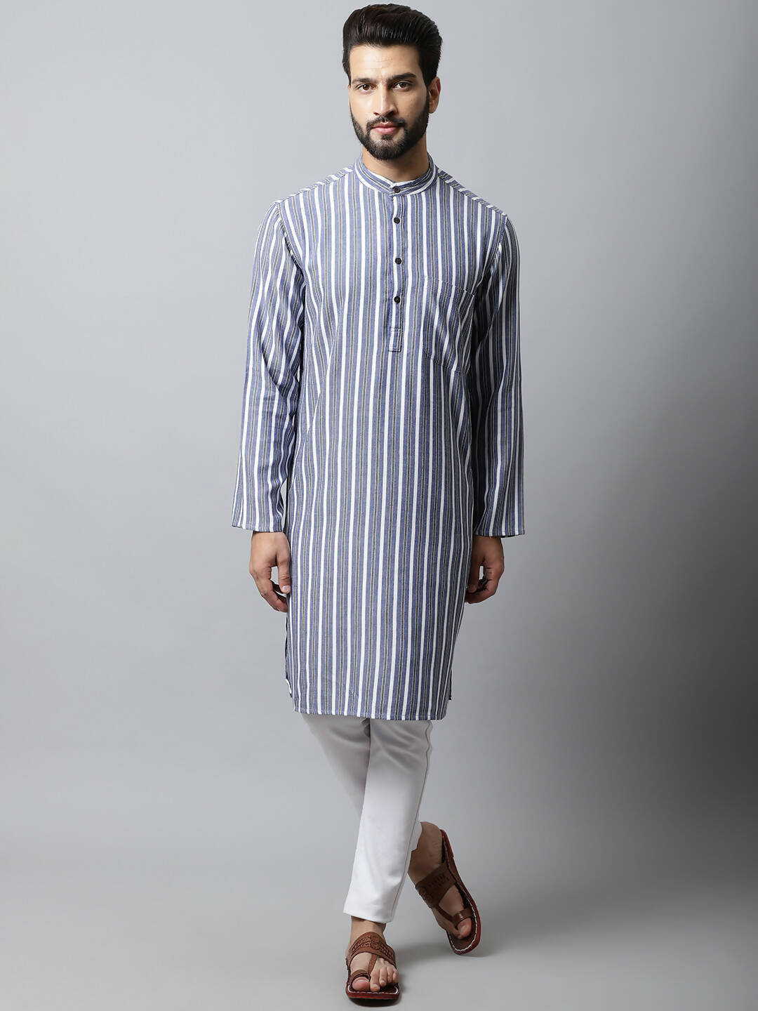Even Apparels Blue Color Pure Cotton Men's Kurta With Band Collar (STR1168) | Swadesiicart