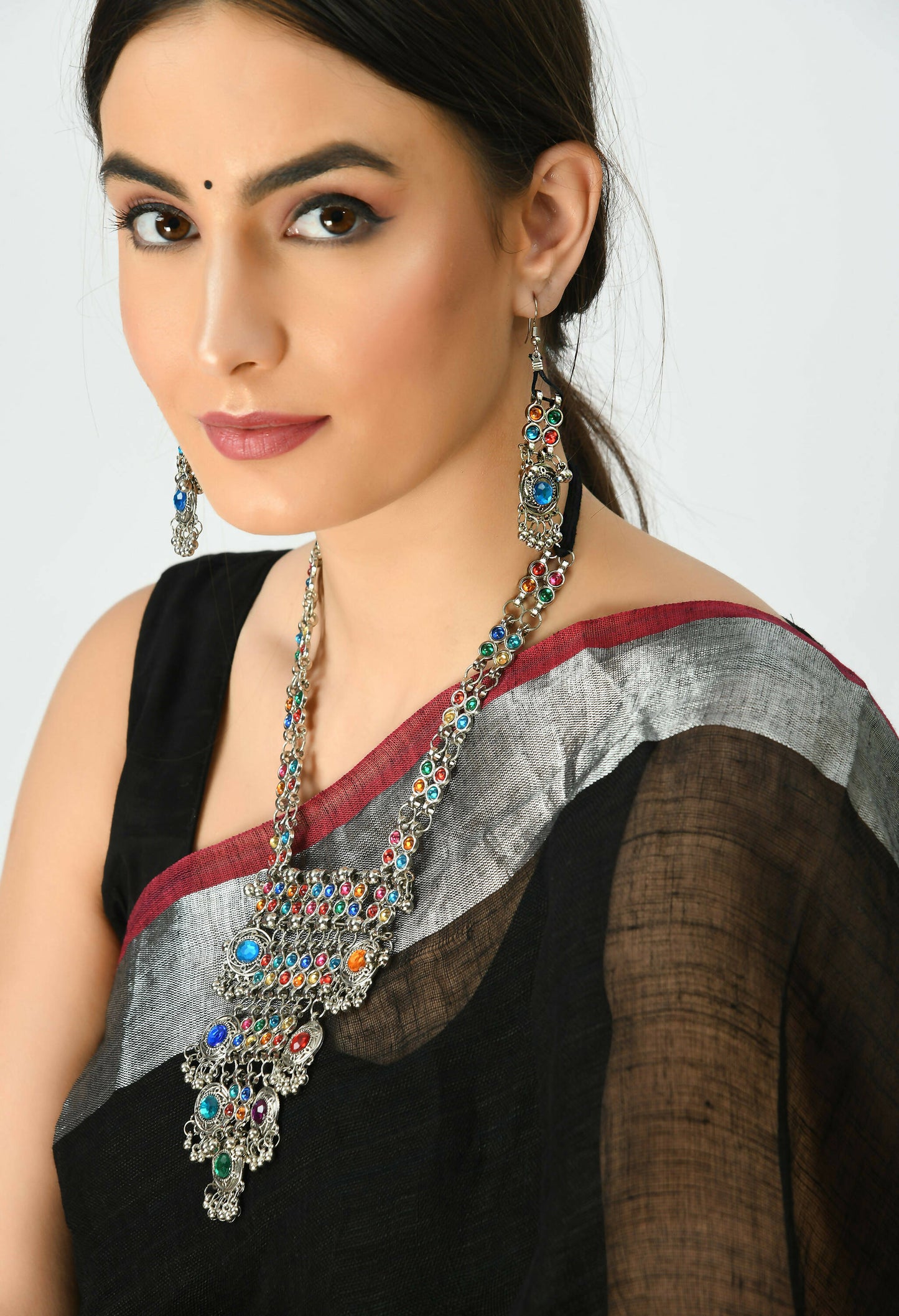 Mominos Fashion Johar Kamal Oxidised Silver-Plated Brass Finish Multi Kundan Afghani Long Necklace For Women | Swadesiicart