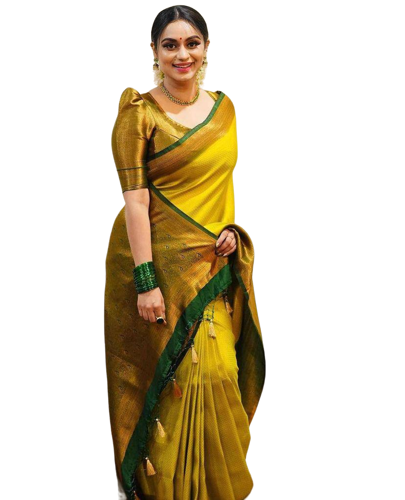 Vamika Weaving Banarasi Jacquard Yellow Kanjivaram Saree | Swadesiicart