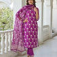 The52 Wine Women's Beautiful Cotton Blend Fabric Printed Work Straight Kurta, Pant and Dupatta Set - Swadesiicart