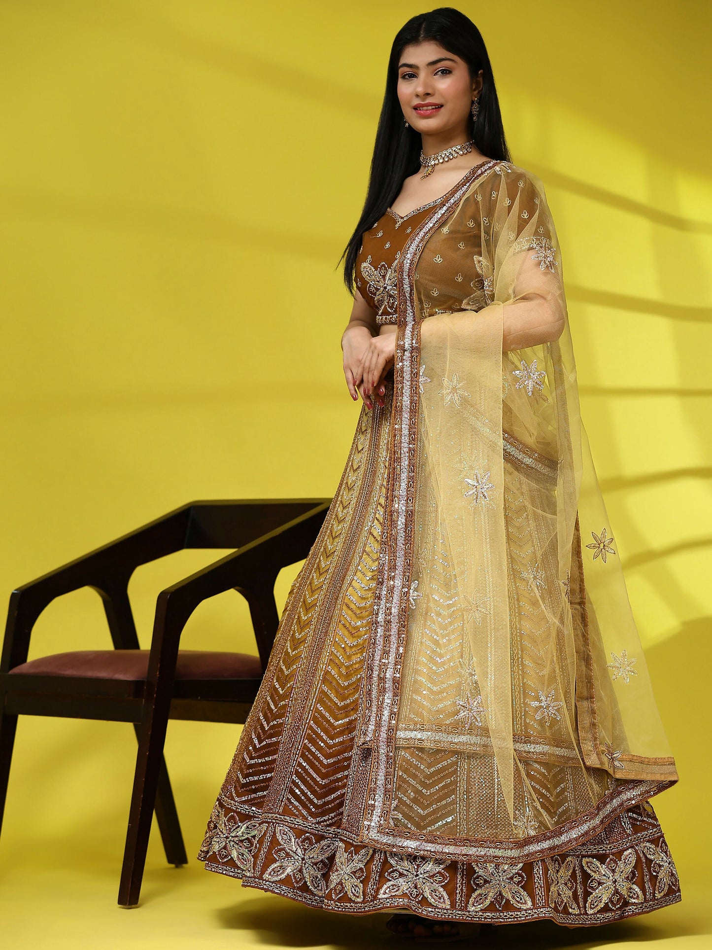 Brown Fancy Net Sequence Embroidered Lehenga Choli with Dupatta - Dhara | Swadesiicart