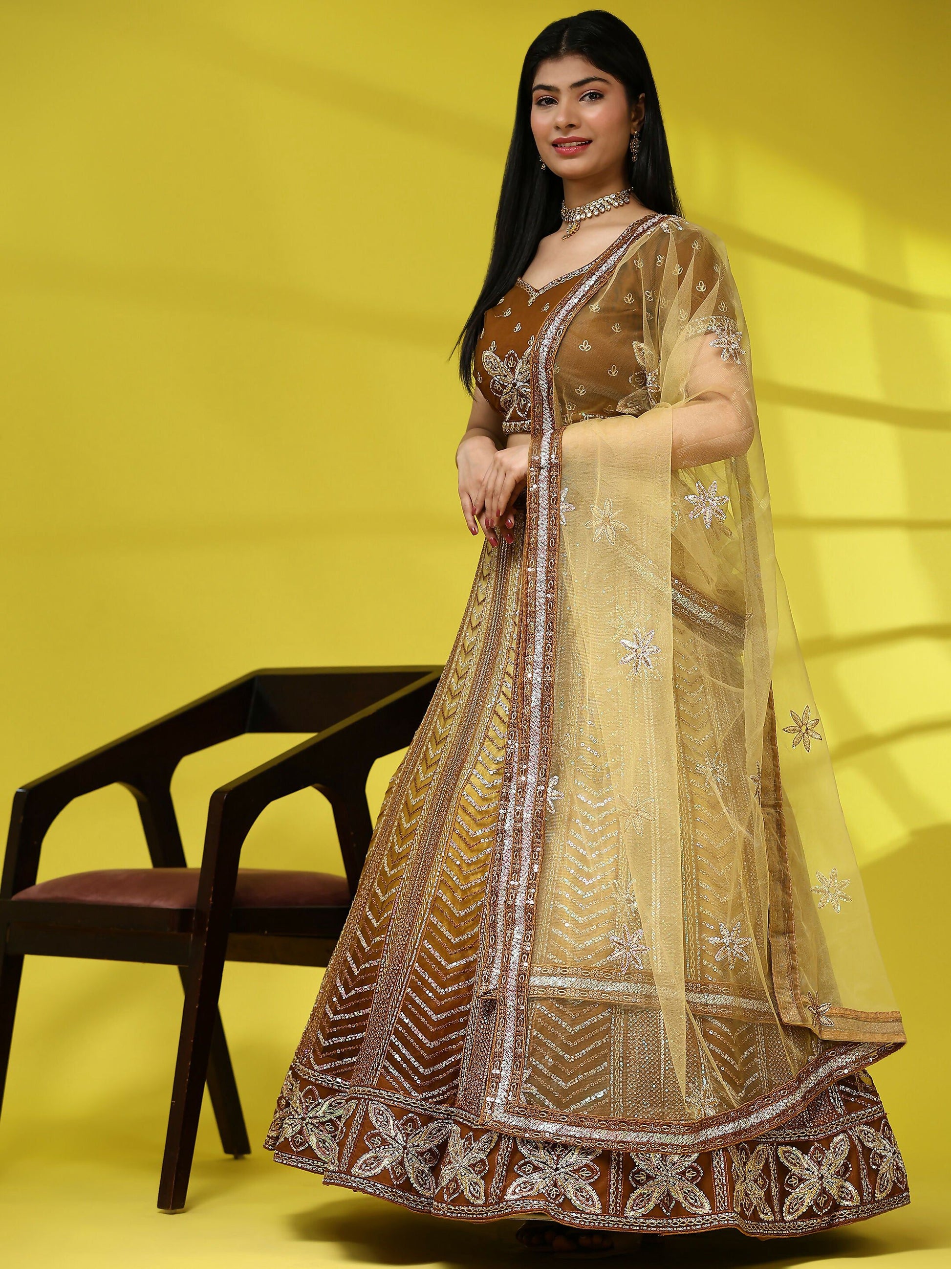Brown Fancy Net Sequence Embroidered Lehenga Choli with Dupatta - Dhara | Swadesiicart