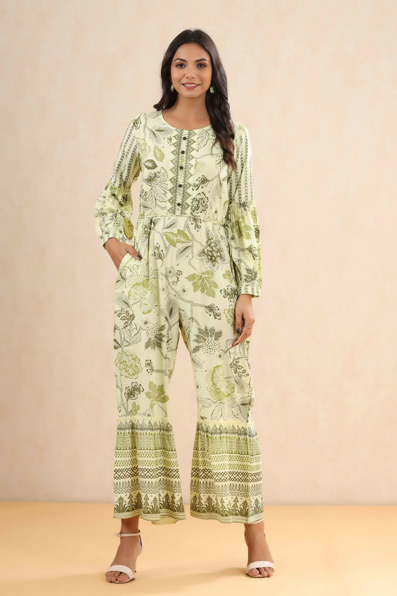 Juniper Women Lightolive Rayon Printed Straight Jumpsuit - Swadesiicart