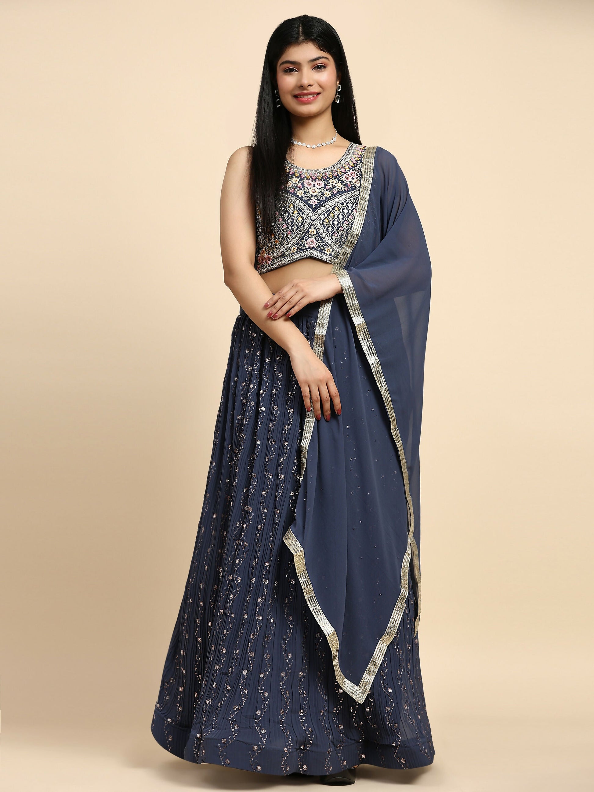 Dark Grey Georgette Embroidered Lehenga choli with Dupatta - Dhara | Swadesiicart