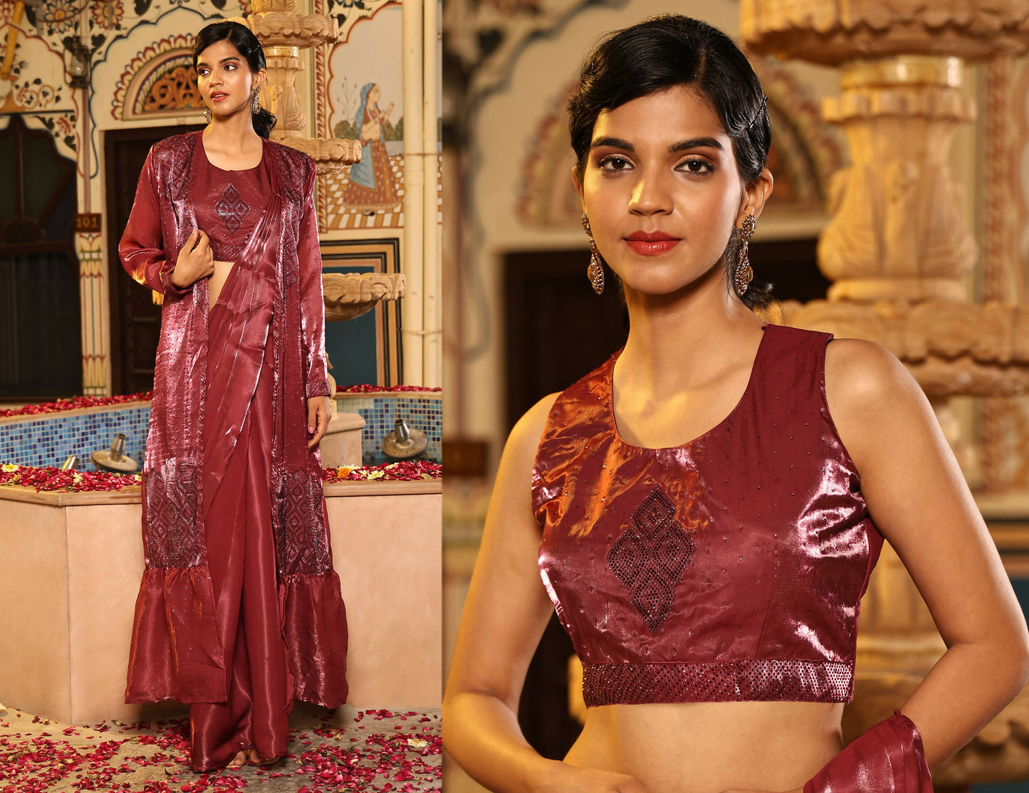 Maroon Tom Silk Plain Ready To Wear Saree With Stitched Blouse - Satiksha | Swadesiicart