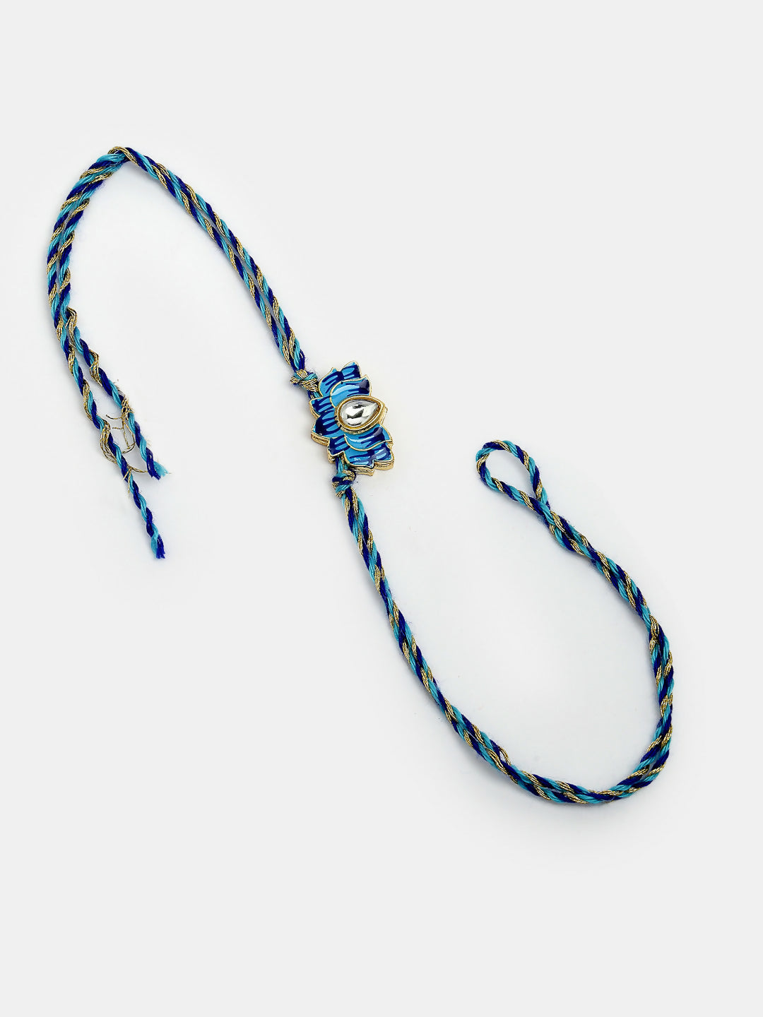 NVR Women & Men Set of 2 Blue Lotus Shape Kundan-Studded & Beaded Wraparound Rakhi Set With Roli Chawal & Chocolate | Swadesiicart
