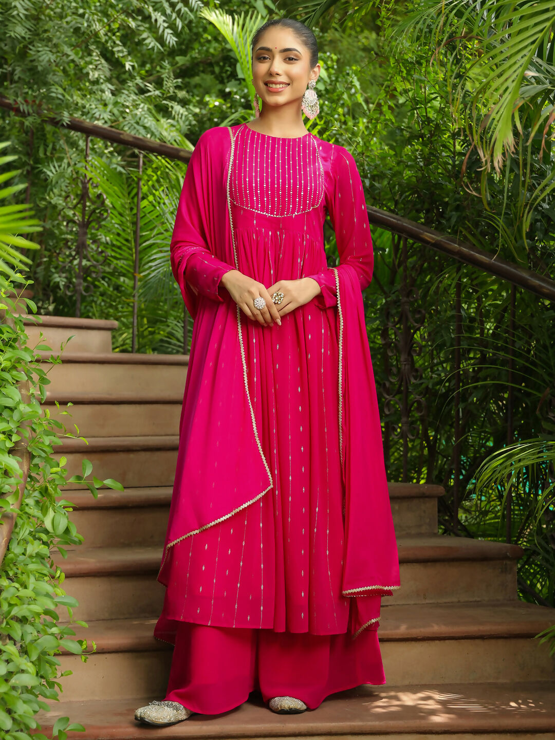 Janasya Pink Georgette Foil Print Kurta,Bottom & Dupatta | Swadesiicart