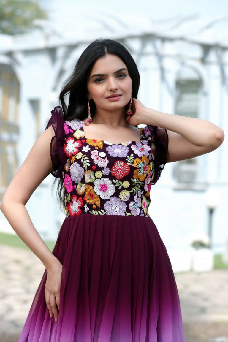 Jyoti Fashion Women's Wine Sequins Embroidery Faux Blooming Anarkali Dress | Swadesiicart
