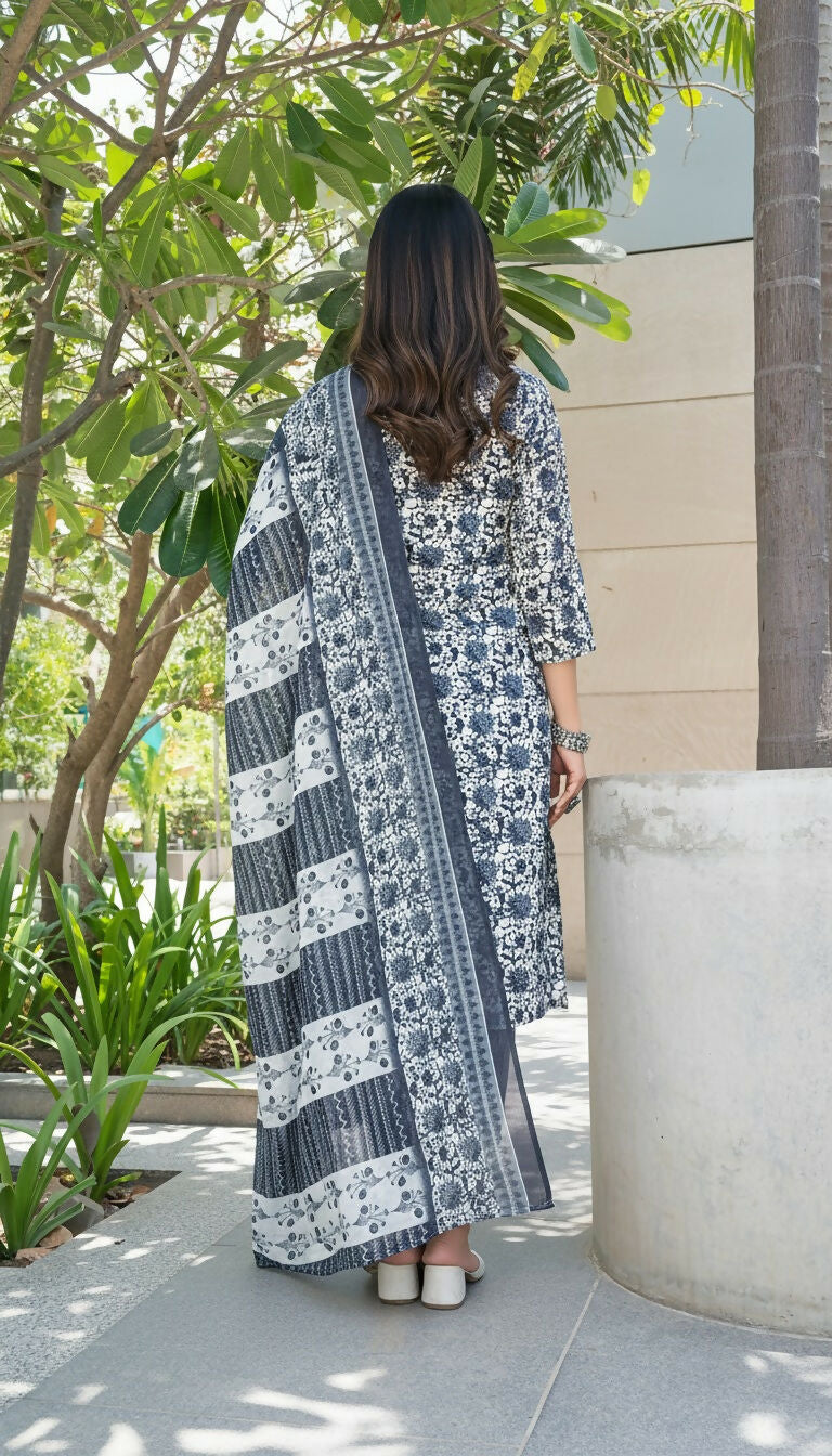 BulBul Fashionista Navy Cotton Kurta Set with Dupatta - Swadesiicart