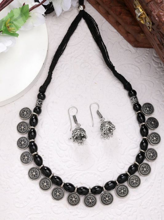 NVR Women's Black Silver-Plated Choke Oxidized Necklace with Jhumka Earrings - NR Retail-NVR