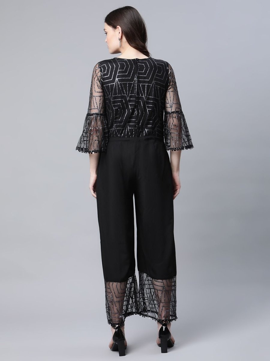 Ahalyaa Womens Crepe & Net Black Printed Jumpsuit - Swadesiicart