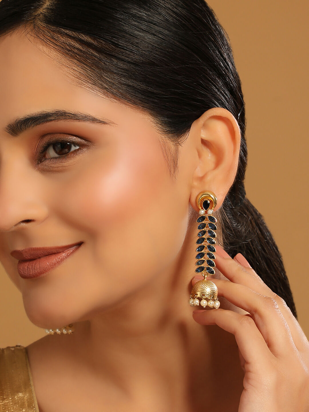 Nuyug 22K Gold-Plated Blue Onyx & Pearl Studded Dome Shaped Jhumkas | Swadesiicart