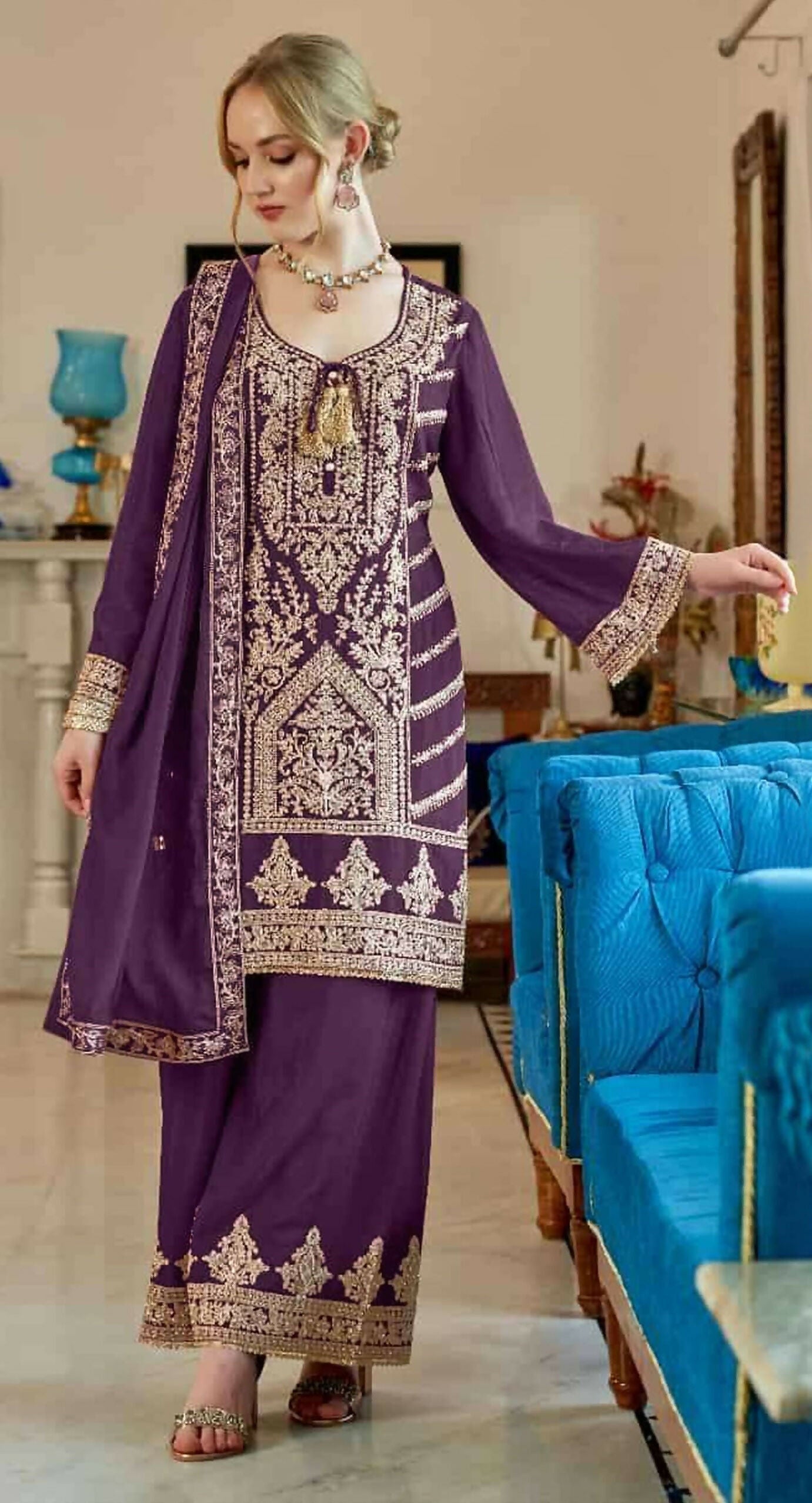 Anaita Purple Vichitra Simar With Embroidery Coding Sequence Stitched Salwar Suit