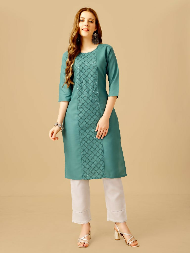 Jyoti Fashion Women's Teal Cotton Blend Embroidered Kurta Pant Set | Swadesiicart